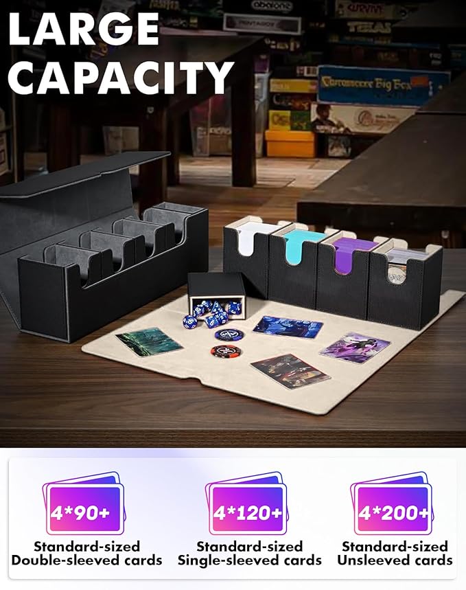 Card Deck Box with Dice Tray for MTG, 5 in 1 Deck Case Holds 800+ Unsleeved Cards, Strong Magnet Card Organizer Compatible with Yugioh TCG Sport (Black Gold)