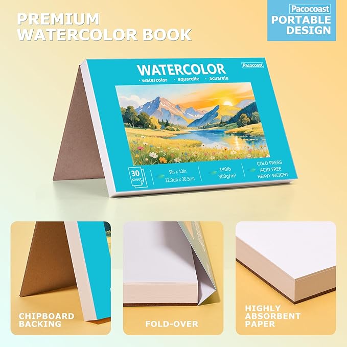Pacocoast Water Color Paper Bulk, 5.5"x8.5" Art Sketch Book, Pack of 3 (90 Sheets), (140lb/300g) Artist Watercolor Drawing Paper for Kids Adults, Watercolor Pad for Paint, Pencil, Pastel, Crayon