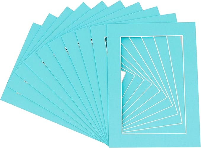 Pack of TEN 8x10 Mats Bevel Cut for 5x8 Photos - Acid Free Aquamarine Blue Precut Matboards For Pictures, Photos, Framing - 4-ply Thickness