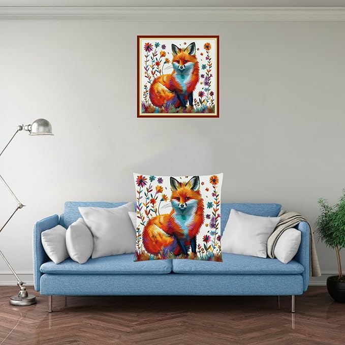 Fanxvivy Stamped Cross Stitch Kits for Adults Beginners Pillow Needlepoint Kit with Embroidery Pattern Needlework Kit Prestamped Stitches Kit 11CT Cross Stitching-Colorful Fox 18x18 inch