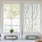 Donox Frosted Glass Window Film Heat Control UV Blocking, Static Cling Reusable Home Bathroom Door Window Privacy Film, Green Leaf Pattern Window Covering with Installation Tool, 17.5 in x 13.1 feet