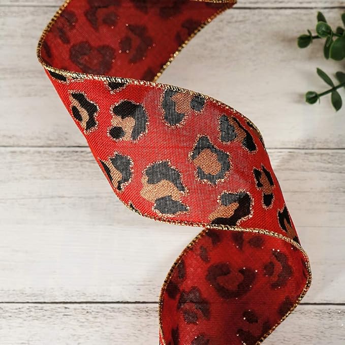 CT CRAFT LLC Burlap Leopard Fabric Wired Ribbon 2.5" x 10 Yards Red with Black and Gold Color for Christmas Home Wedding Decor Gift Wrapping Tree Topper Bow Wreath Bouquet DIY Crafts