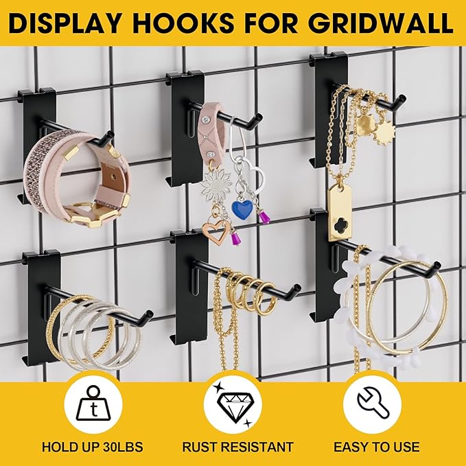 Gridwall Hooks 4 Inch 6 Inch 8 Inch, 60 Pack Heavy Duty Display Hook for Wire Grid Wall Panel, Grid Wall Accessories for Retail, Craft Shows, Home Setup and Customized Display, Black