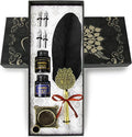 Quill pen ink set,Feather Pen and Ink Set,Antique Calligraphy Pen with 4 Replaceable Nibs,2 Bottle of ink,Feather Dip Pen Holder Christmas Gift for Men&Women.(Black)