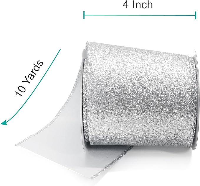 CT CRAFT LLC Glitter Wired Ribbon 4" x 10 Yards Silver for Christmas Home Decor Bow Gift Wrapping DIY Crafts Wreath