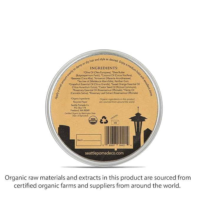 Seattle Pomade Co. USDA Certified Organic Pomade. Medium Hold & High Shine, Hair Styling Formula Non GMO, Made with organic materials from around the world.