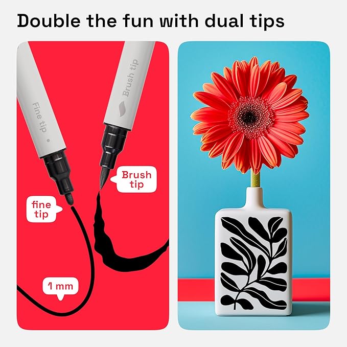 ARTISTRO 5 Black Dual Tip Brush + Fine Acrylic Paint Markers - Easy for All Ages & Levels Paint Pens for Fabric, Rock, Glass, DIY - Halloween Pumpkin Painting Kit, Art Supplies, Christmas Gift