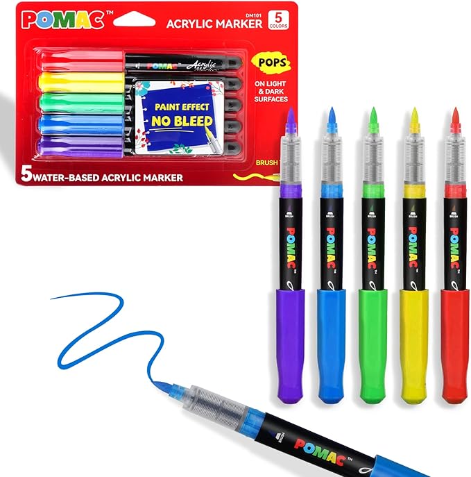 POMAC Acrylic Paint Markers Pens 5 Assorted Colors, Water-Based Paint Markers Pen Brush Tip, No-Bleed Liquid Acrylic Marker Waterproof for Fabric, Canvas, Rock, Glass, Wood, DIY Crafts, Art Supplies