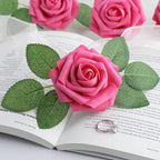 AmyHomie 25pcs Real Looking Artificial Hot Pink Roses w/Stem for DIY Wedding Bouquets Centerpieces Arrangements Party Baby Shower Home Decorations
