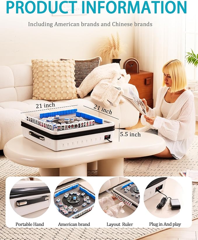 Portable Automatic Mahjong Table, Hand-held Mini-Mahjong, Automatic Mahjong, Foldable Mahjong Table w/American&Chinese -Style Magnetic Tiles, for Outdoor & Home Fun (White)