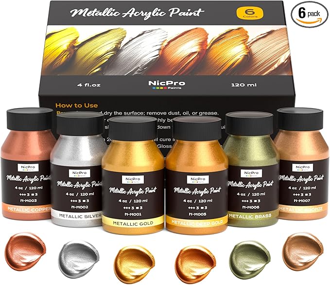 Nicpro Acrylic Paint Metallic, 6 Colors Gold, Silver, Copper, Brass, Bronze, DeepGold, 24oz/720ml Gold Leaf Paint, Non Toxic, Non Fading Paints for Art Painting, Handcrafts, Ideal for Multi-surface