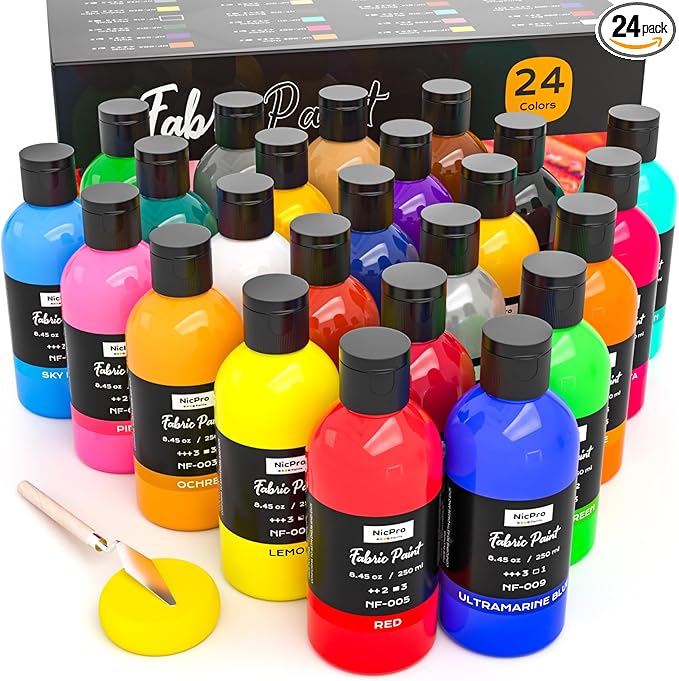 Nicpro 24 Colors Permanent Fabric Paint (8.45 oz, 250 ml) Soft Fabric Paint for Clothes, Non-Toxic Textile Paint for Fabric DIY Crafts, T-shirts, Shoes Jeans Bags Canvas for Adult with Color Wheel