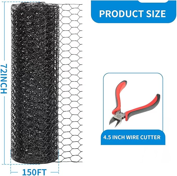 72'' x 150' Black Chicken Wire Fencing, 1 inch Chicken Wire and 20 Gauge Poultry Netting, Garden Mesh Fence Roll for Floral Arrangements/Crafts/Farm/Livestock/Pet Protection
