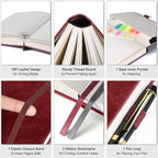 5 Pack College Ruled Notebook, 312 Numbered Pages Thick Notebooks Bulk, 100gsm No Bleed Paper Hardcover Leather Journal, Lined Journal Notebook Set for Women Men School Office, A5, Burgundy