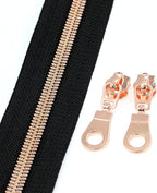 Leekayer #5 Rose Gold Metallic Nylon Coil Zippers by The Yard Bulk 10 Yards Black Tape with 25pcs Rose Gold Sliders for DIY Sewing Tailor Craft Bag(Black)