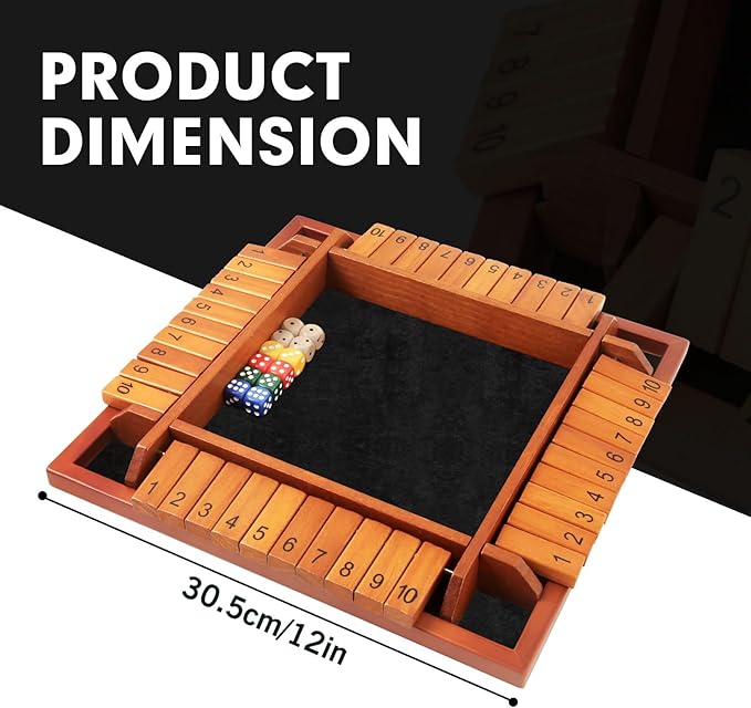 Upgraded 1-4 Players Shut The Box Dice Game, Wooden Board Table Family Game for Kids and Adults with 12 Dice, Classic Tabletop Math Game for Pub Classroom Party, Gift for Christmas Birthday
