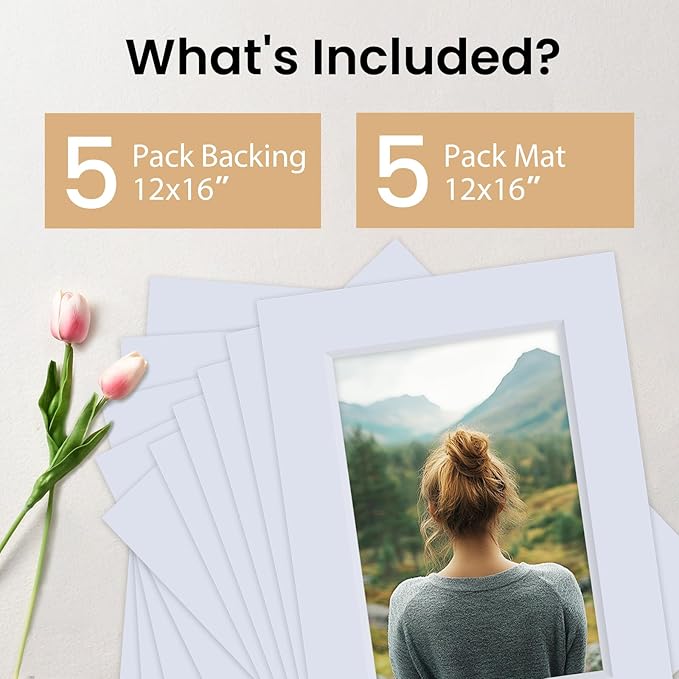 Falling in Art 5 Pack Acid Free 12x16'' White Picture Mats Board Show Kit for 8x12'' Photos, 4-Ply Beveled Pre-Cut Photo Mats with Backing Board for Frames, Artwork and Prints