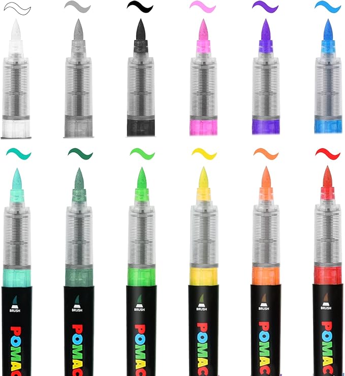 POMAC Acrylic Paint Markers Pens 12 Assorted Colors, Water-Based Paint Markers Brush Tip, No-Bleed Liquid Acrylic Marker Pens Waterproof for Fabric, Canvas, Rock, Glass, Wood, DIY Crafts, Art Supplies