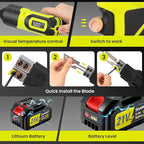 Huanyu Cordless Hot Knife with Temp. Display 100W Max 500℃ 3.0Ah Battery Powered Air Cooling Cutting Tool 4 Blades Set Electric Hot Knife Foam Cutting Tool Craft Shears for Rope, Fabric, Acrylic