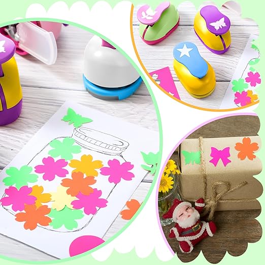 CHENGU 16 Pcs Craft Holes Punch Paper Punchers Scrapbook Punches with Craft Sticker Paper, Round, Star, Square, Heart, Flower, Wave Circle Shape (1 Inch,Fresh Style)