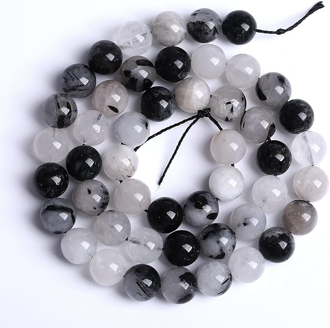 AAA Natural Black Quartz Rutilated Beads Round Loose Beads for Jewelry Making DIY Bracelet 38pcs 10mm Crystal Energy Healing Power Stone (Black Rutilated Quartz Crystal, 10mm)