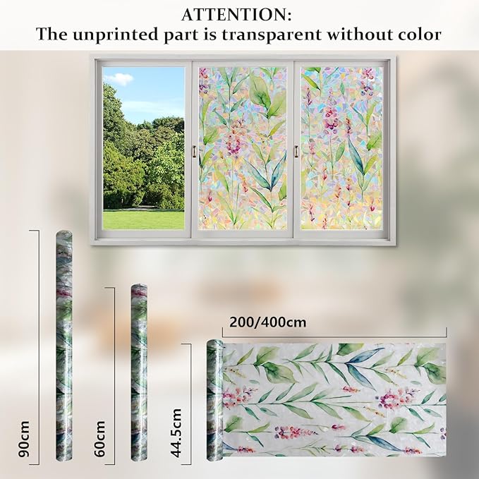 Donox Decorative Window Privacy Film, 3D Floral Stained Glass Window Film Static Cling Rainbow Privacy Sticker for Glass Door Heat Control Anti UV, No Adhesive (Gladiolus,17.5 x 78.7 inches)