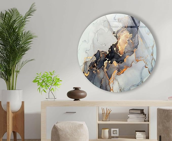 My Photostation.com 27.5''(70cm) Diameter Gold Details Gray Marble Round Glass Wall Art Tempered Glass Printing Wall Decor Large Wall Art Wall Hangings