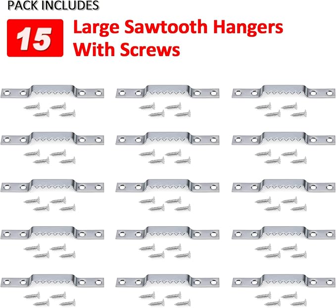 Sawtooth Picture Hangers Heavy Duty - Supports 144 lbs, 15 Pack Large Sawtooth Hangers with Screws, for Hanging Heavy Photos Frame Paintings Decorations