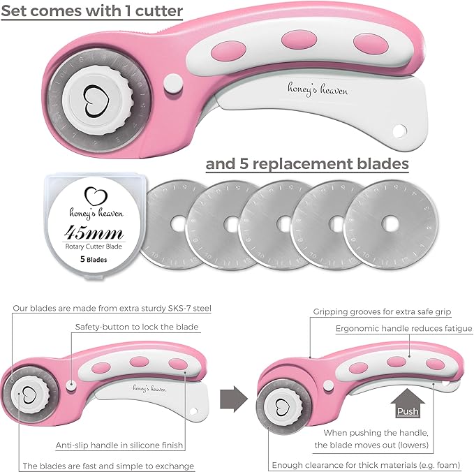 Rotary Cutter Set - Quilting Kit incl. 45mm Fabric Cutter, 5 Replacement Blades, A4 Cutting Mat, Acrylic Ruler and Craft Clips - Ideal for Crafting, Sewing, Patchworking, Crochet & Knitting (Pink, A4)