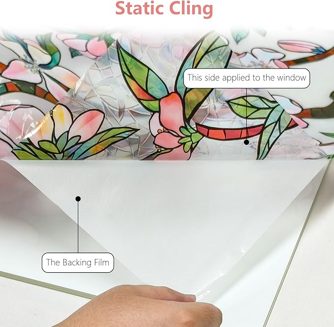 NINETREX Window Privacy Film,3D Stained Glass Window Film,Rainbow Static Cling Stickers Blocks Heat & UV,Non-Adhesive Vinyl for Home Door (Peach Blossom,17.5 x 78.7inch)