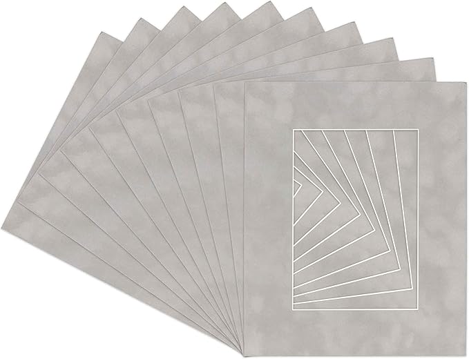 Pack of 25 Acid Free 11x14 Mats Bevel Cut for 8.5x11 Photos - Light Grey Suede Precut Matboards With Backing Boards and Clear Photo Mat Bags For Pictures, Photos, Framing - 4-ply Thickness