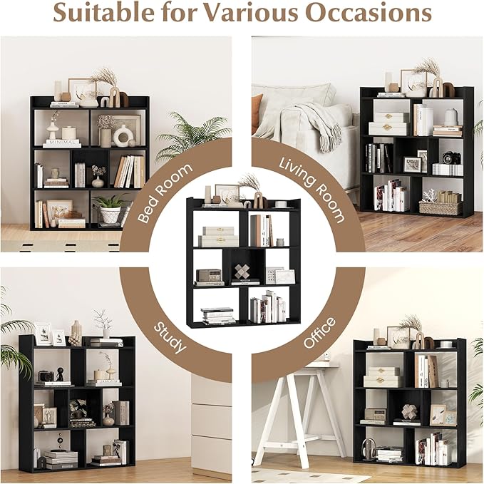 Giantex 7 Cubes Bookshelf, Free-Standing Wooden Bookcase, 4 Tier Home Display Shelf, Horizontal Storage Unit w/Anti-Toppling Devices, Open-Back Display Rack for Study, Living Room (1, Black)