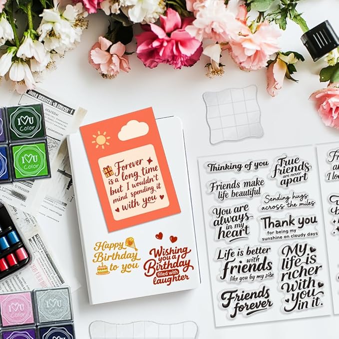 6 Pcs Greeting Words Clear Stamps for Card Making Supplies 20 Ink Pad 3 Acrylic Stamp Block Silicone Stamp with Holiday Bless Happy Birthday Stamps for Crafting DIY Scrapbooking Journal