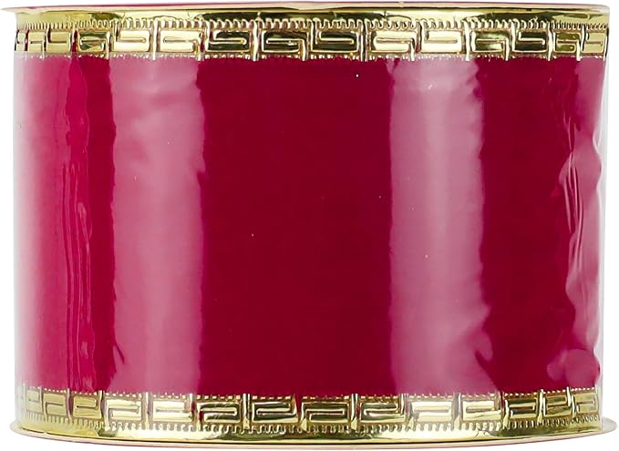 MEEDEE Red Velvet Ribbon 2.5 Inch With Gold Greek Key Edge - 10 Yards Wired Christmas Ribbon for Tree Decoration, Topper Bow, Garland