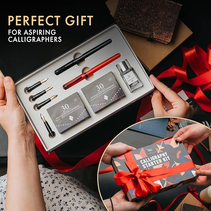 Wordsworth and Black Calligraphy Pen Set - Black - Includes 2 Calligraphy Pens, 18 ML Ink Bottle, 60 Ink Cartridges, Ink Refill Converter, 1 Medium and 4 Broad Nibs, Brush Pen