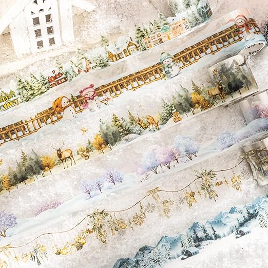 6 Rolls Winter PET Tape Set, Landscape Stickers for Journaling, Scrapbooking, and DIY Crafts, with Decorative Clip