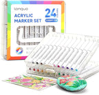 24 Colors Acrylic Paint Markers Pens Set, Soft Brush Tip Markers with Fast Drying & No-Bleed Ink, Acrylic Paint Pens for Rock, Wood, Egg, Ceramic, Fabric Painting, Art Supplies and DIY Crafts