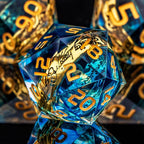 OUKELANWO Magic Lord Rings DND Dice Set with Box, 7Pcs Resin LOTR D&D Dice Set for Role Playing Game, Blue Gold Dungeons Dragons D and D Sharp Edge Dice D20 D12 D10 D8 D6 D4