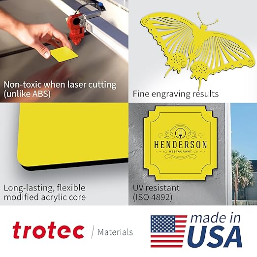 Trotec TroLase | 12"x20"x1/16", 4 Pcs | Yellow/Black | 2 Ply | Modified Acrylic | Laser Engraving Double Color Plastic Sheet | Engraving Blanks for Laser, Saw, Guillotine | Made in USA