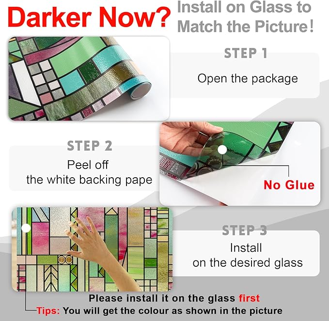3D Stained Glass Window Privacy Film, Heat Control UV Blocking Static Cling Decorative Window Film for Bathroom,Front Door,Home Non Adhesive,Colorblock 16.9 x 39.3 inches