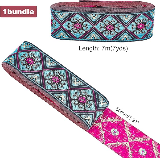 PH PandaHall 2 Inch Embroidered Woven Ribbon, 7 Yards Vintage Jacquard Ribbon Boho Flowers Straps Fabric Trim for Bohemian Persian Clothes Bag Holiday Christmas Decor Gift Wrap Decor