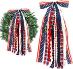 Large Patriotic Star Ribbon Bow for Wreath, Red White Buffalo Plaid Fabric Ribbons Set Assorted Lace Ribbon 4th of July Clip-On Wreath Sash Ribbons Bundle for Patriotic Indoor Outdoor Decor