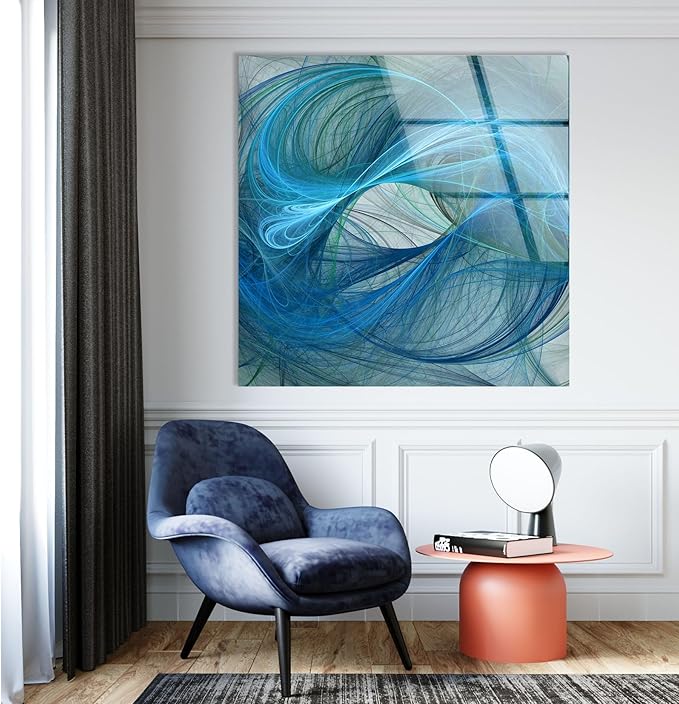 My Photostation.com 43Wx27H'' Blue Energy Abstract Wall Art – Fluid Motion Glass PrintTempered Glass Printing Wall Decor Large Wall Art Wall Hangings