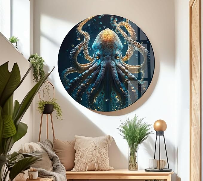 My Photostation.com 40WX60H'' Underwater Blue Octopus Glass Wall Art Tempered Glass Printing Wall Decor Large Wall Art Wall Hangings