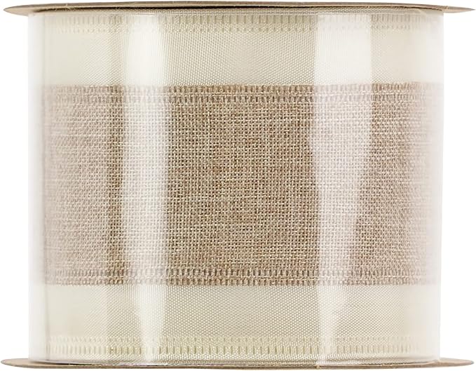 MEEDEE Burlap Wired Ribbon with Satin Edge - White Stripe, 2.5 Inch, 10 Yards for Wreath, Garland, Topper, Bow Making, Fall, Christmas, Wedding Decorations
