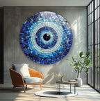 My Photostation.com 15.8''(40cm) Diameter Blue Mosaic Evil Eye Round Glass Wall Art Tempered Glass Printing Wall Decor Large Wall Art Wall Hangings