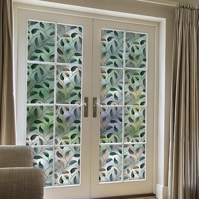 DKTIE Static Cling Decorative Window Film Vinyl Non Adhesive Privacy Film, Multilayer UV Inkjet Technology, 3D Thickened Stained Film (S166, 35.4'' x 118.1'')