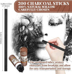 Gueevin 200 Pcs Willow Charcoal Sticks, Willow Charcoal, Artists, Beginners, Students, Perfect for Sketching, Drawing, Shading, and Fine Art Christmas Gifts for Art (5-7mm)