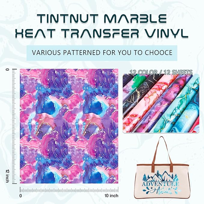 Tintnut Marble Heat Transfer Vinyl - 12 Sheets 10 x 12 Inch Bundles Watercolor Gold Pattern Iron on Vinyl Opal Ombre Print HTV Transfer DIY T-Shirt Gift Canvas Bag for Cricut or Silhouette Cameo