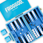 Froggod Travel Backgammon Sets for Adults – 15 Inch Premium Backgammon Set – PU Leather Case with Seamless Flocked Game Surface – Classic Board Games for 2 Player and Gift for Men(Light Blue)